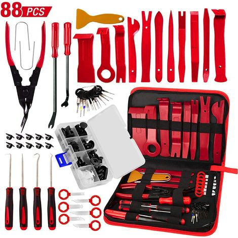 Kit d'Outils de Démontage pour Voiture - Outil de Retrait de Panneau, Clips et Garniture, avec Valise de Rangement - 88 Pièces - Rouge