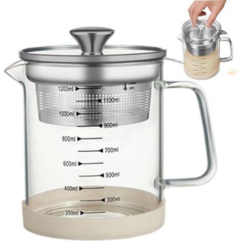 Jarra de vidrio con tapa，colador de yogur de vidrio de 1,2 L con escala de medición，colador multifuncional para leche vegetal para filtrar zumos (1/5)
