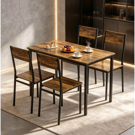 Conjunto mesa y sillas 4 plazas, mesa 108 x 60 x 76 cm, marrón rústico y negro DESVIAE (1/5)