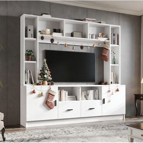 Mobile TV a parete 180 x 35 x 170 cm con 2 armadi, 2 cassetti e 11 scomparti, bianco HAVRYA (1/5)
