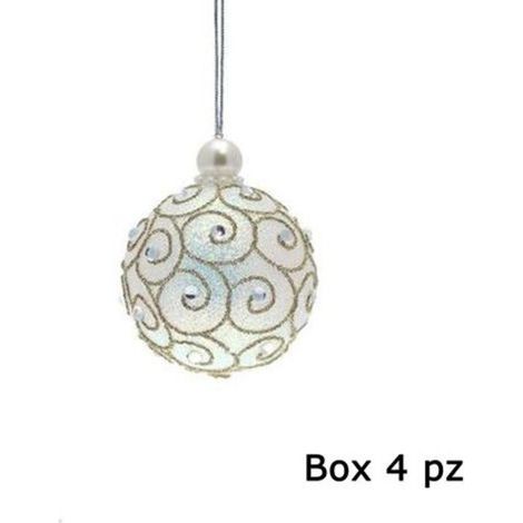 4 sfere decorate per albero di natale - colore bianco - addobbi natalizi decorazioni
