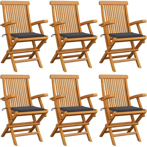 6 pcs Chaises de jardin avec coussins, Fauteuils Extérieur, Sièges confortable anthracites Bois de teck BGT62503 (1/5)