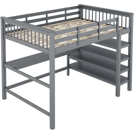 Cama alta infantil 140 x 200 cm con escritorio y estantes, pino y MDF, gris (1/5)