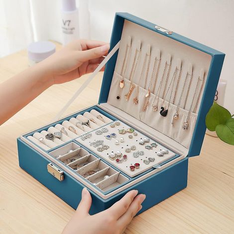 bote(vert) Bijoux Pour Femme, Coffret Bijoux En Cuir Verrouillable De Voyage 2 Couches Organisateur Bijoux, Petit Jewelry Stockage Cas Rangement (1/5)