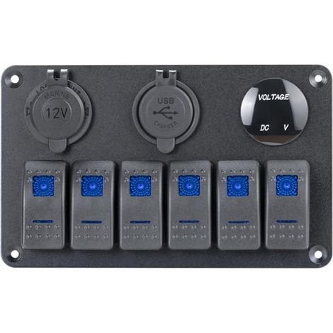 Panneau D'Interrupteurs à Bascule 6 Gangs Étanche 12 Volts, Panneau D'Interrupteurs à Bascule pour Bateau 12 V Éclairé par LED Bleue pour Bateau, Voiture, Camping-Car, UTV (1/5)