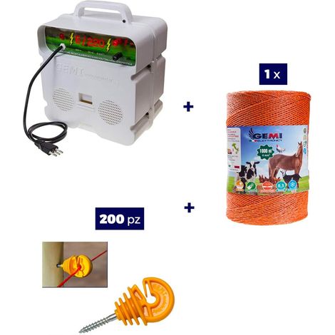 Kit completo per recinto elettrico con 1 x Elettrificatore 220V + 1 x Filo 1000 MT 4 Mm² + 200 pezzi isolatori per paletti in legno - Recinzione Elettrica Rete Elettrica per animali cavalli mucche mai