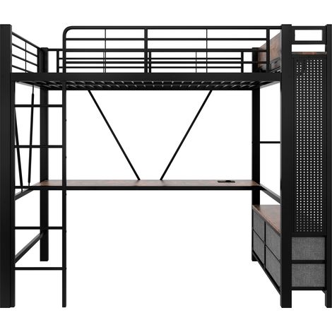 Letto a soppalco 90 x 200 cm in metallo nero con scrivania, ripiani, cassetti, LED e USB-C (1/5)