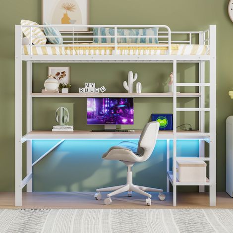 MEUBLIV Lit mezzanine 90x200 cm blanc – bureau, LED, USB et prise, sans matelas (1/5)