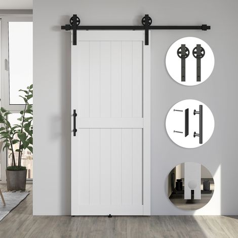 Porte coulissante de style rustique avec rail et poignée, en acier et bois, dimensions 183x0.6x4 cm, coloris noir et blanc. (1/5)
