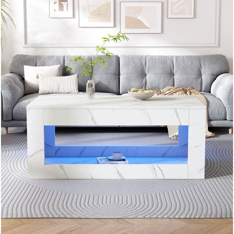 Table basse LED 100,5x50,5x50 cm blanche, rangement ouvert, effet marbre, panneaux bois MEUBLIV (1/5)