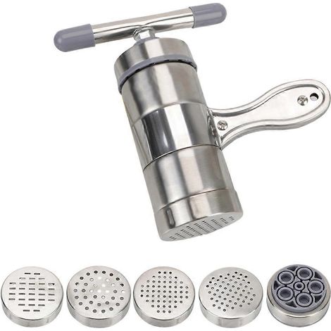 Presse à pâtes multifonctionnelle en acier inoxydable, presse-agrumes manuel avec 5 moules pour faire des spaghettis. (1/5)