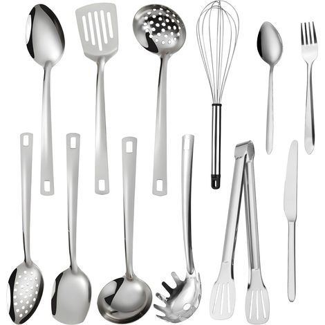 Ustensile de Cuisine Set 12PCS Polyvalent en Inox Poli Miroir Ustensile Cuisine Inox pour Cuisiner Mélanger Servir et Manipuler Avec Louche Spatule Fouet pour Cuisine Et Maison (1/5)