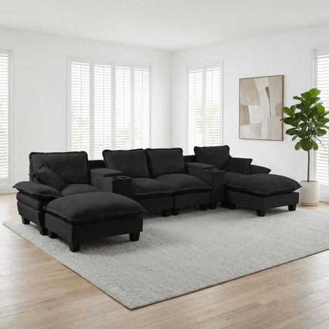 Canapé Panoramique U Modulable XXL 392 cm - Design Nuage Voilier en Chenille avec 2 Consoles Rangement, USB, Porte-Gobelet et 2 Poufs - Noir