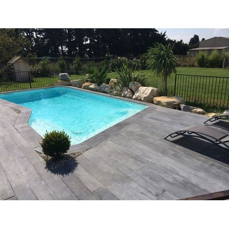 Habitat Et Jardin – Lot de 40 margelles droites 60 x 33 cm + 4 margelles angle 45 x 45 cm – Pierre reconstituée aspect bois gris – Surface non glissante