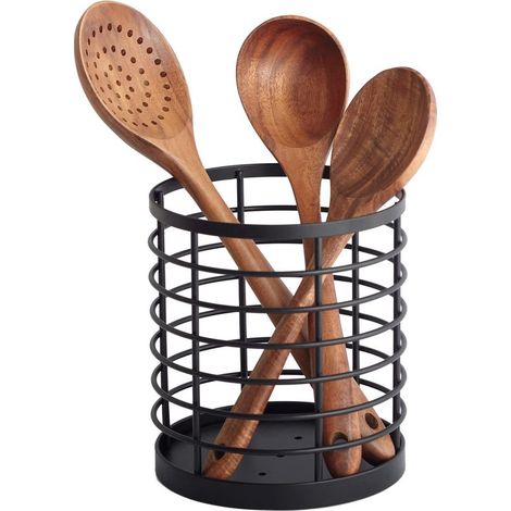 Porte-couverts – Étagère de rangement – Ustensiles de cuisine – Support pour couteaux et fourchettes – 13 x 13 x 15 cm – Fer – Noir (1/5)