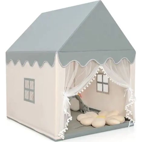 Tente de jeu enfant beige avec cadre en bois massif et matelas amovible, rideaux en gaze et fenêtres pour chambre et salle de jeux (1/5)