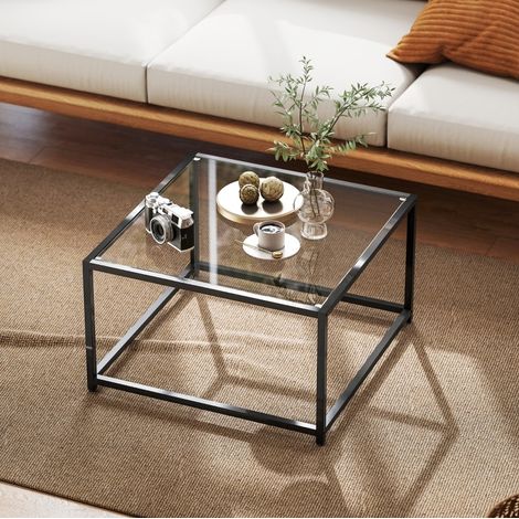Mesa de centro cuadrada 68 x 68 x 39 cm de cristal templado y acero negro HAVRYA (1/5)