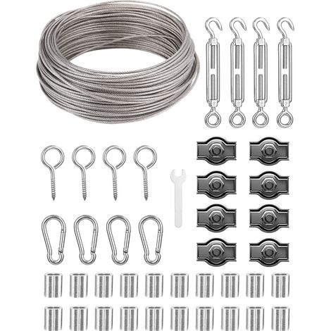 30 mm Stainless Steel Rope Hanging Kit, 2 mm PVC Coated Steel Cable with Tensioner and Screw Hook, for Clothesline, Trellis Climbing Plant, Cable Hanging Light, Garden Fence. (1/5)