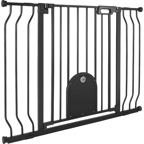Treppenschutzgitter 75–111 cm Verstellbare Breite, Türschutzgitter mit integrierter Katzenklappe, inkl. Druck- & Wandmontage-Set, Schutzgitter für Kinder und Haustiere, geeignet für Treppen, Schwarz (1/5)