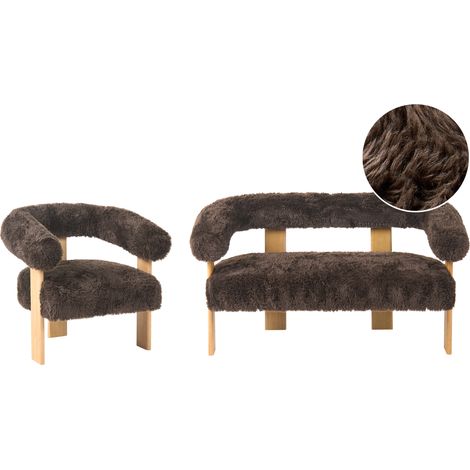 Conjunto de sala de estar retro sofá 2 plazas sillón tapizado de pelo sintético patas de madera marrón oscuro y marrón claro Ilbro