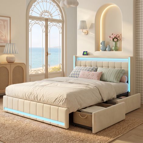Lit double 140x190 cm avec LED et USB Type-C - 4 tiroirs de rangement sur roulettes - cadre de lit rembourré moderne en lin, Beige (1/5)