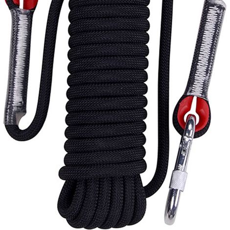 Corde d'escalade noire de 10 mètres et de 12 mm de diamètre, avec double boucle en acier, adaptée à la randonnée et au camping. (1/5)