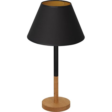 Lampe de table bois rond abat-jour noir int. doré E27
