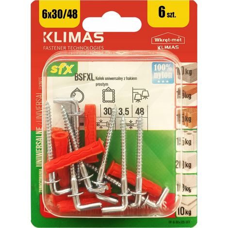 Chevilles Universelles Klimas 6 x 48 Avec Crochet Droit, Blister De 6