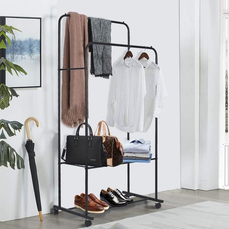 Unho – Portant à vêtements avec roulettes – Double barre porte-manteau en métal noir 80.5x51x155cm – Charge max 50kg – 4 roues pour mobilité facile