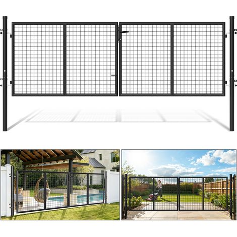 Jiubiaz Cancello da giardino a doppia anta - Antracite 300x100cm - Cancelletto in rete metallica - con maniglia, serratura, chiavi e chiusura a terra Acciaio