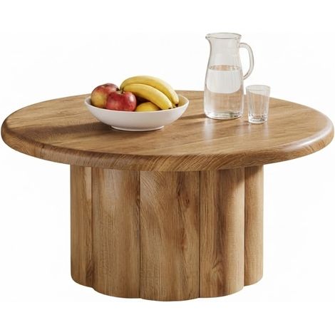 ELVMI Mesa de Centro Redonda con Base Acanalada y Tablero de 80 cm, para Salón y Zona de Estar, en MDF, Marrón (1/5)