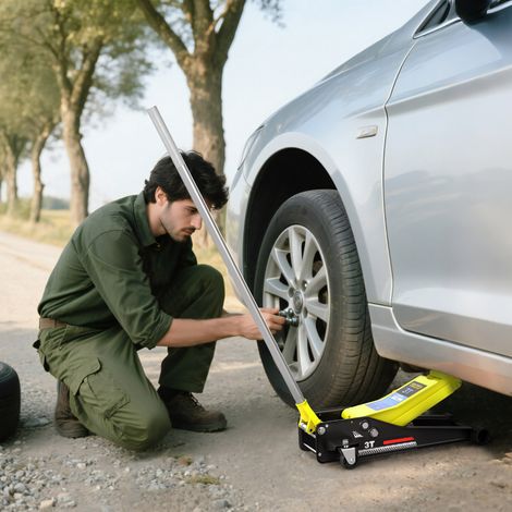 Gato Hidráulico para Coche 3T Altura de Elevación 75-505 mm con Bomba de Doble Pistón Ruedas Mango de Aluminio Amarillo (1/5)