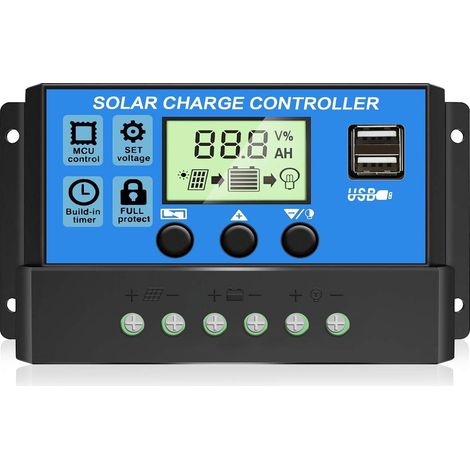 Lntyq 30A PWM Contrôleur de charge solaire , régulateur de Panneau Solaire 12V/24V avec écran LCD réglable, Double port USB, Réglage de la minuterie, paramètre automatique (bleu) (1/5)