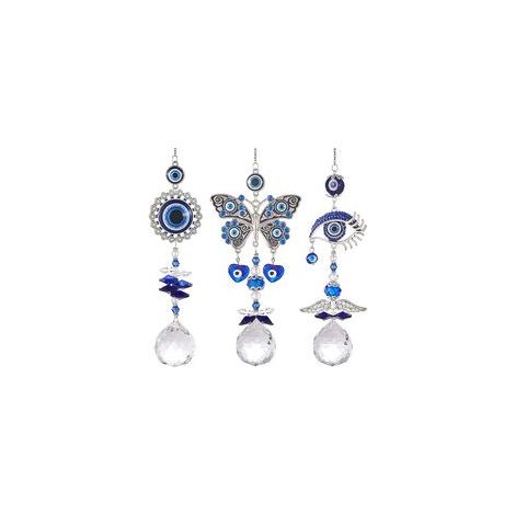 Lot de 3 attrape-soleil œil protecteur avec boules de cristal prismatiques à suspendre à la fenêtre. Décoration attrape-soleil yeux bleus, pendentif arc-en-ciel, ornement pour la maison et le jardin, (1/5)