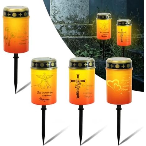 Lot de 4 lanternes funéraires solaires à LED - Bougies funéraires étanches avec 4 autocollants de stabilisation - Lampe funéraire et piquet - Pour décoration funéraire (rouge) (1/5)