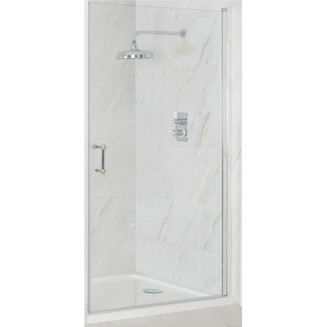 Milano Langley Chrome Walk In Wet Room Hinged Door Frameless Shower Enclosure and White Tray with Drying Area and Fast Flow Waste - 1700mm x 800mm (1/5)