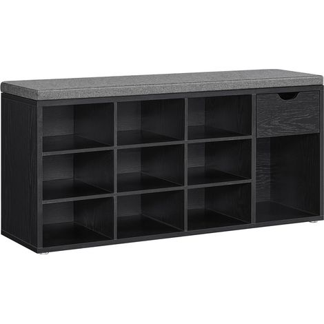 Banc à Chaussures, Banc Rangement, avec Tiroir et Compartiments, Étagère à Chaussures, Siège Rembourré, Couloir, Entrée, Chambre, 30 x 104 x 48 cm, Noir Boisé et Gris Ardoise (1/5)