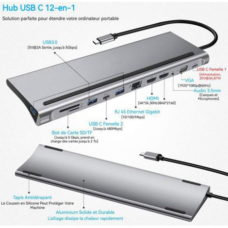 Station d'accueil USB-C - - 12 en 1 - Charge rapide - Design élégant - Aluminium
