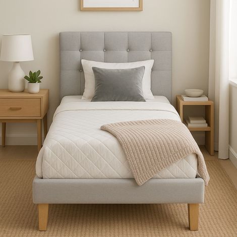 Lit 90x190 Confortable avec Sommier et Tête de Lit Capitonnée Coloris GRIS - 13 Lattes - Revêtement PVC Simili - Montage Rapide et Facile - LIT FREDERIC GRIS (1/2)