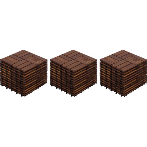 Dalles d'extérieur emboîtables en bois d'acacia, motif damier, lot de 32 pièces, 30,5 cm x 30,5 cm, bois dur d'acacia brun, pour terrasse, balcon et bord de piscine (1/5)