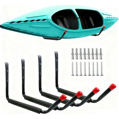 Lot de 4 crochets de rangement robustes pour kayak, bras de 38 cm, support mural pour garage, planche de surf, échelle, capacité maximale de 25 kg (25 cm x 38 cm),Rouge (1/2)