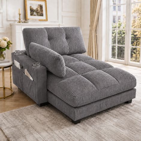 Poltrona Palm, soffici cuscini a righe, corrimano con cuscini girevoli, poggiatesta, tre portabicchieri e una tasca laterale adatta sia al soggiorno che alla camera da letto colore grigio. (1/5)