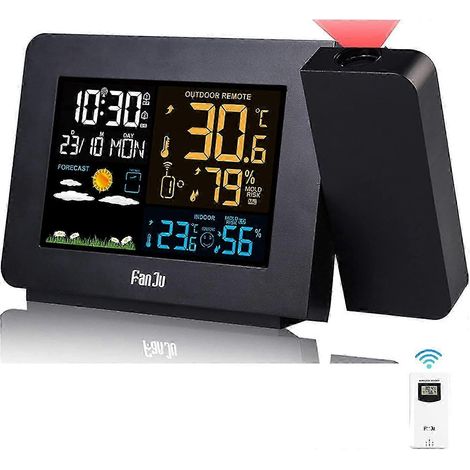Station météo sans fil avec thermomètre, hygromètre et capteur, horloge météo à projection, thermomètre intérieur/extérieur avec télécommande radio RCC, double alarme C (1/5)