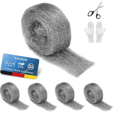 3 Steel Wool, 5 Rolls 20 m Anti-Mouse Steel Wire with Gloves and Scissors, Polishing Steel Wool, for Cleaning Polishing Maintenance and Finishing of Wood, Glass, Metal, Stone (1/5)