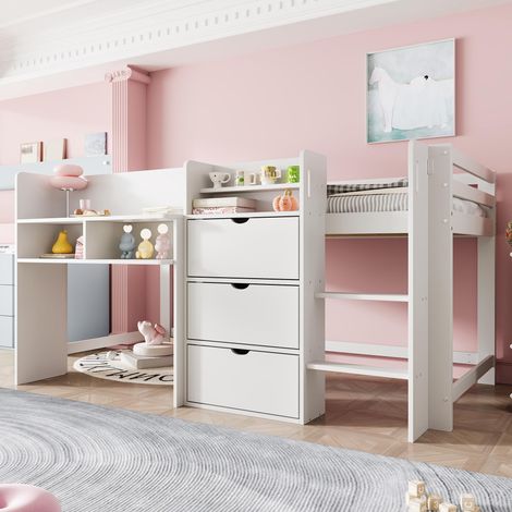 Lit mi-hauteur, 90 x 200 cm, forme maison, nombreux rangements, espace de jeu sous le lit, sans matelas, blanc (1/5)