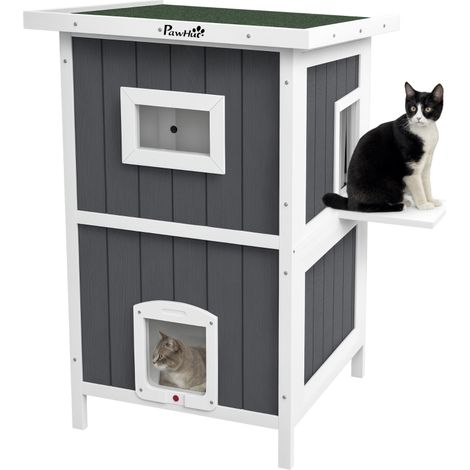 Maison pour Chats en Bois à 2 Niveaux avec Toit en Bitume et 4 Portes, Dimensions 60x60x90.5cm, Couleur Grise (1/5)
