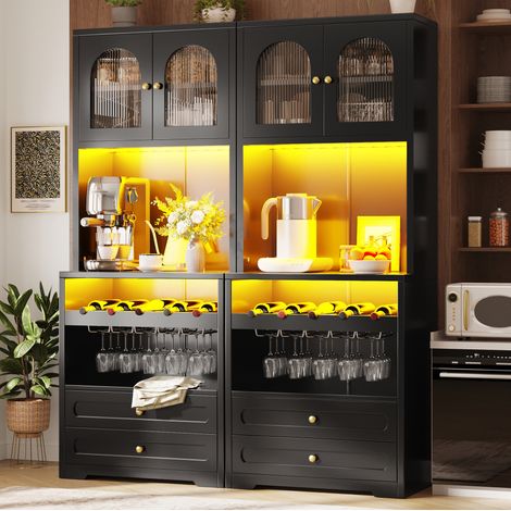 Meuble colonne 140x40x180 cm avec portes vitrées cintrées, LED, tiroirs, range-bouteilles, USB, noir (1/5)