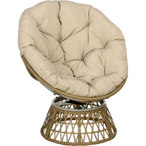 Fauteuil Papasan, fauteuil en osier, fauteuil pivotant en rotin avec coussin, repose-pieds réglable à 360°, 85 x 70 x 82 cm, couleur kaki, pour jardin et salon