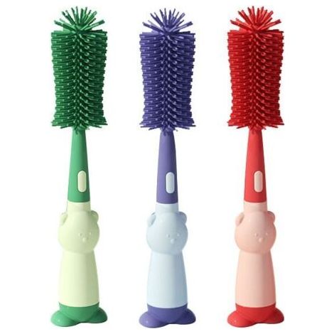 Brosse en plastique avec manche à rouleau, lot de trois, verte, violette, rouge - brosse de nettoyage en silicone pour biberons - brosse spéciale pratique pour nettoyer les biberons de bébé