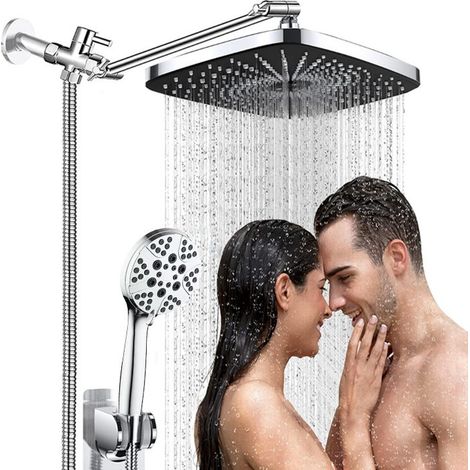 Combinaison de douchette, ensemble de douche rectangulaire de 12 pouces, pomme de douche à 4 modes, pomme de douche à main à haute pression, ensemble de robinet de douche chromé (1/4)